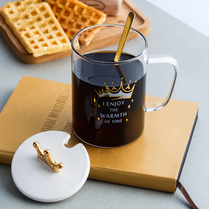 

Creative Cute Multi-Purpose Crown Glass with Lid with Spoon Heat and Cold Resistant Water Cup Mug Borosilicate Glass for Gift