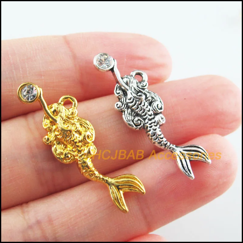 

12Pcs Retro Gold Tibetan Silver Tone Mermaid Clear Crystal Charms Pendants 10.5x32mm