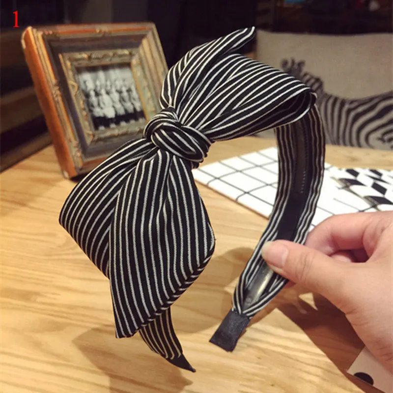

Striped Plaid Small Wave Point Wide Side Hair Hoop Bow Headband Big Bowknot Hair Accessories Toothed Non Slip Head Hoop