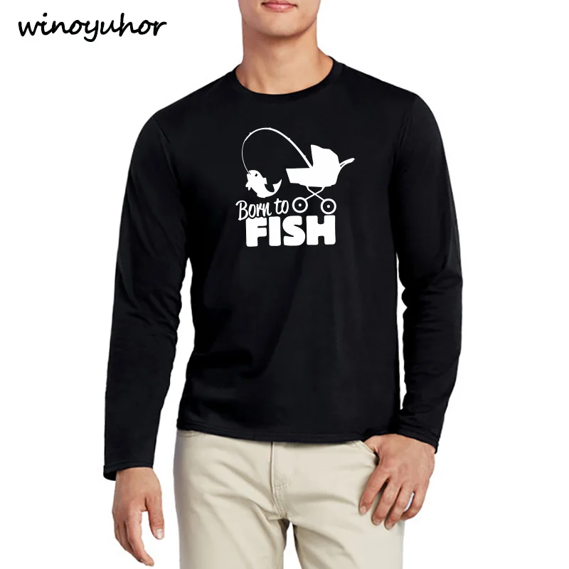 Мужская хлопковая футболка Born To Fish Fishing Весенняя забавная с длинным рукавом