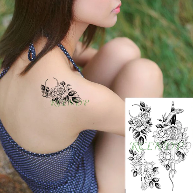 Водонепроницаемая Временная наклейка на татуировку новая луна крест меч цветок