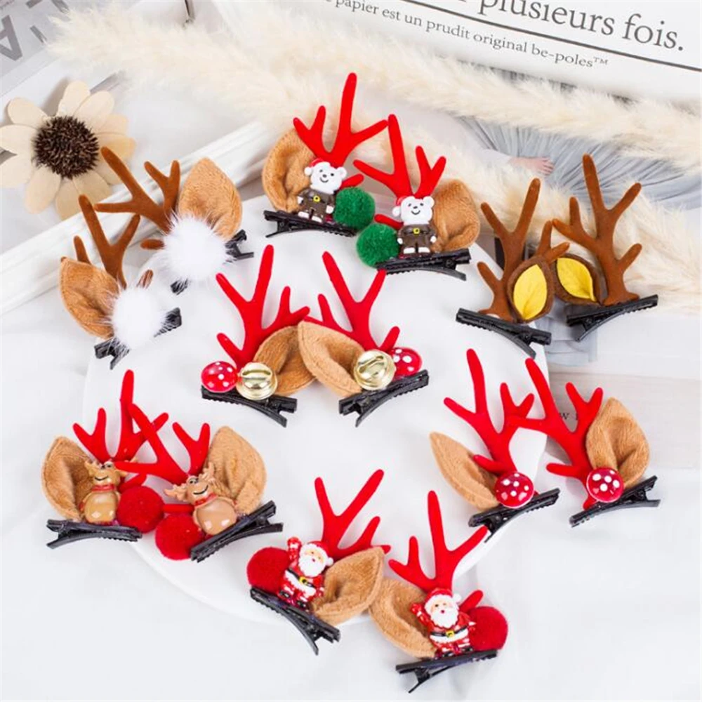 

2 Pairs Christmas Cute Antler Hair Clips Deer Ear Hairpins Festival Snowman Santa Claus Moose Mushroom Headwear Hair Accessories