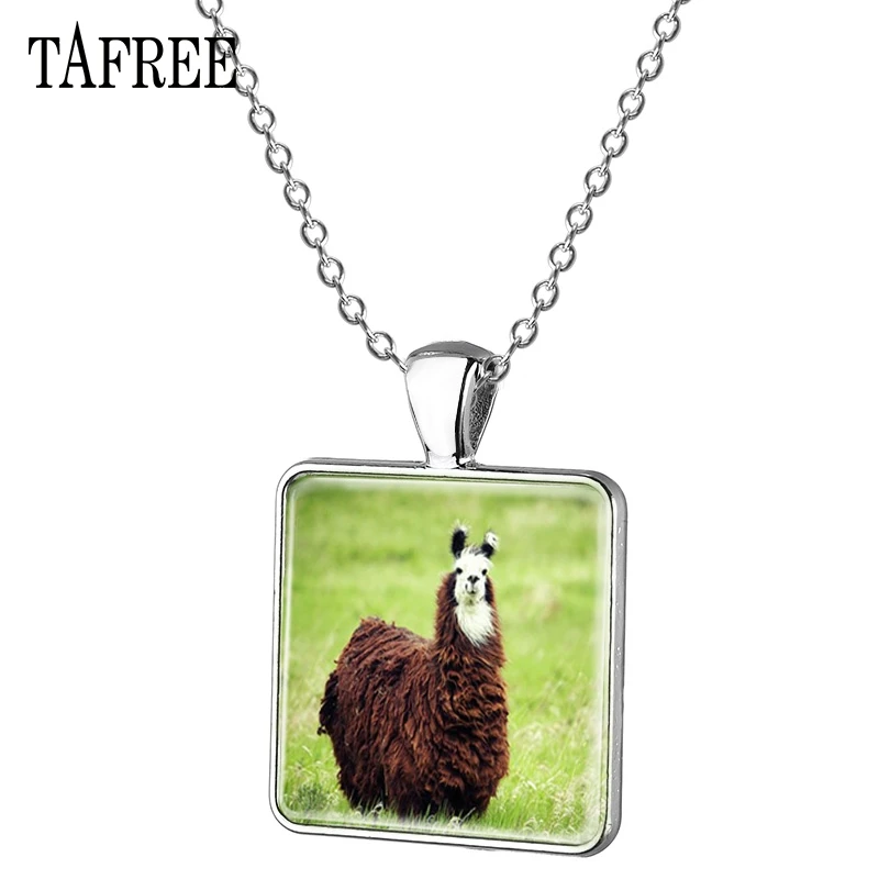 TAFREE Creative Cartoon Alpaca Picture Square Necklace Glass Cabochon Little Sheep Pendant Jewelry Women YT01 | Украшения и