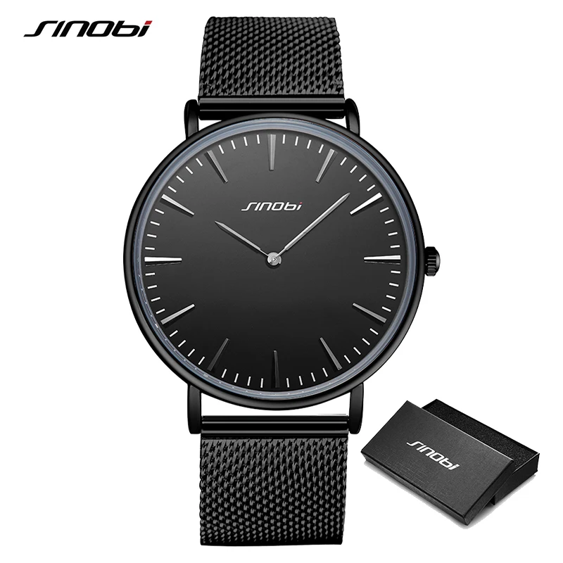 

Sinobi New Fashion Simple Street Leisure Men Watches Black Mesh Stainless Steel/Leather Slim Quartz Casual Watch Men Clock saat