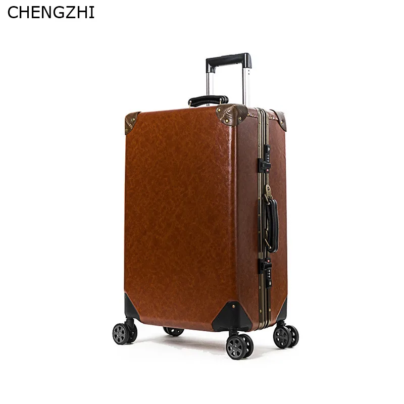 

CHENGZHI 20'' 24'' inch Retro PU Leather Rolling Luggage Spinner Women Aluminum Frame Password Trolley Suitcase Wheels