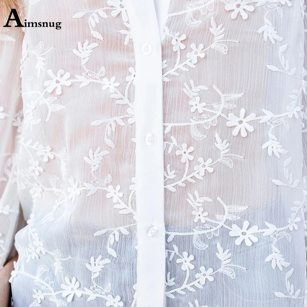 

2021 Long Sleeve Women Transparent Blouse Ladies Elegant Leisure Causal Beach Shirt White Appliques Single Breasted Femme Tops