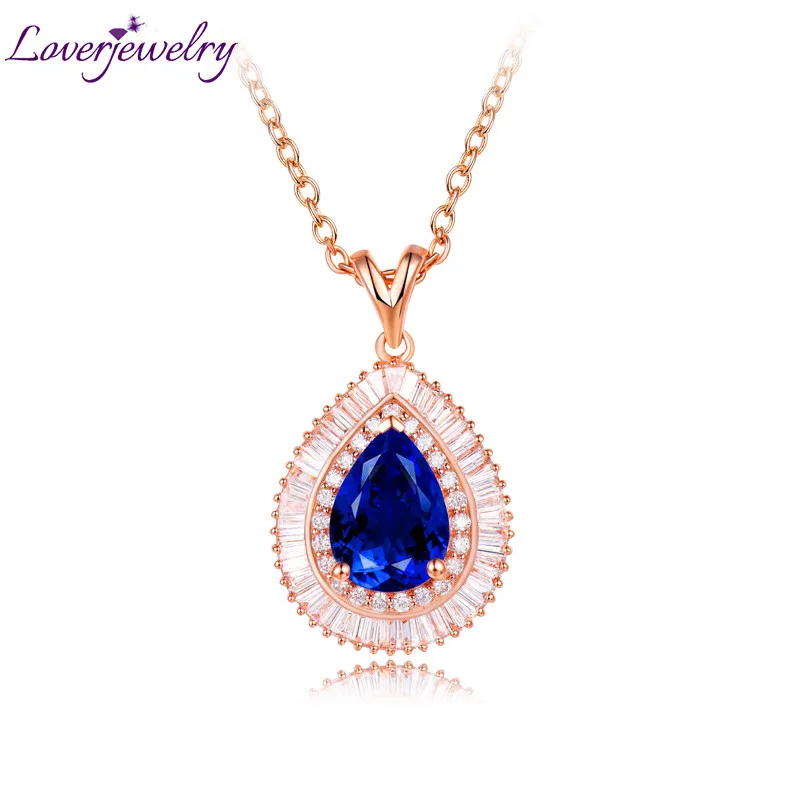 

LOVERJEWELRY Women Blue Tanzanite Natural Wedding Pendant Necklace Solid 18Kt Rose Gold Diamond Pendants for Mom Christmas Gift