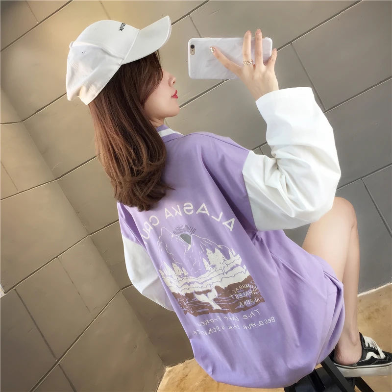 

M-2XL Women Dress Sweatshirt Cotton Print Spring Autumn Long Sleeve Lapel Neck Plus Size Loose Oversize Japan Streetwear C43