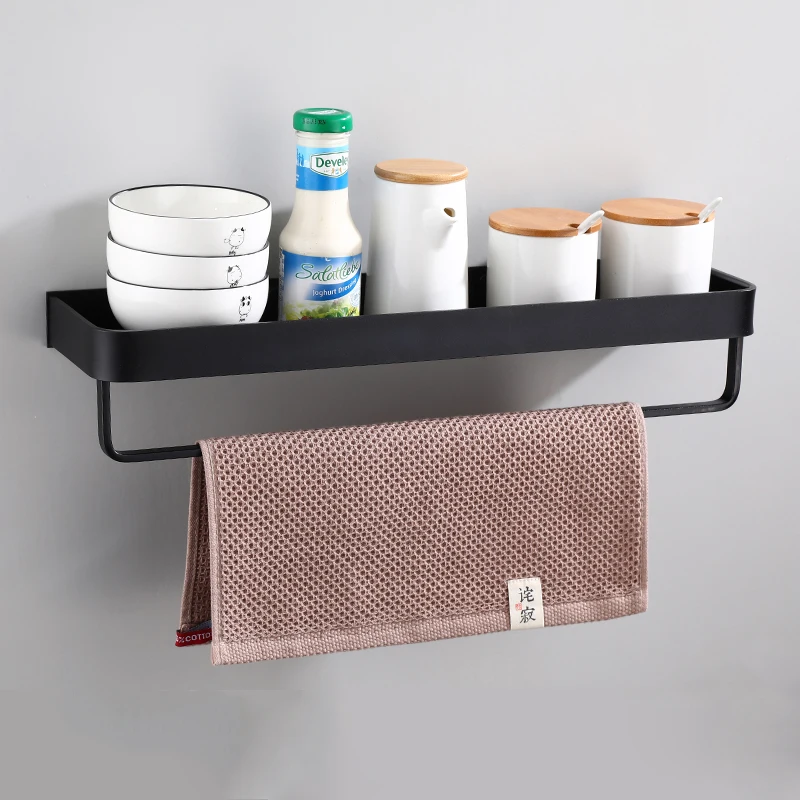 Черная Алюминиевая кухонная полка для ванной комнаты одноярусная шампуня