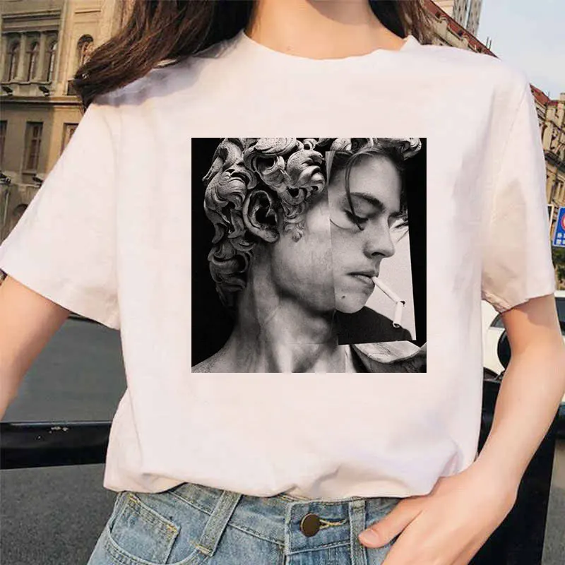 

2020 Summer Harajuku Short Sleeve Streetwear Aesthetic Clothes Camisetas Hombre Michelangelo David Hands Print Women T Shirt