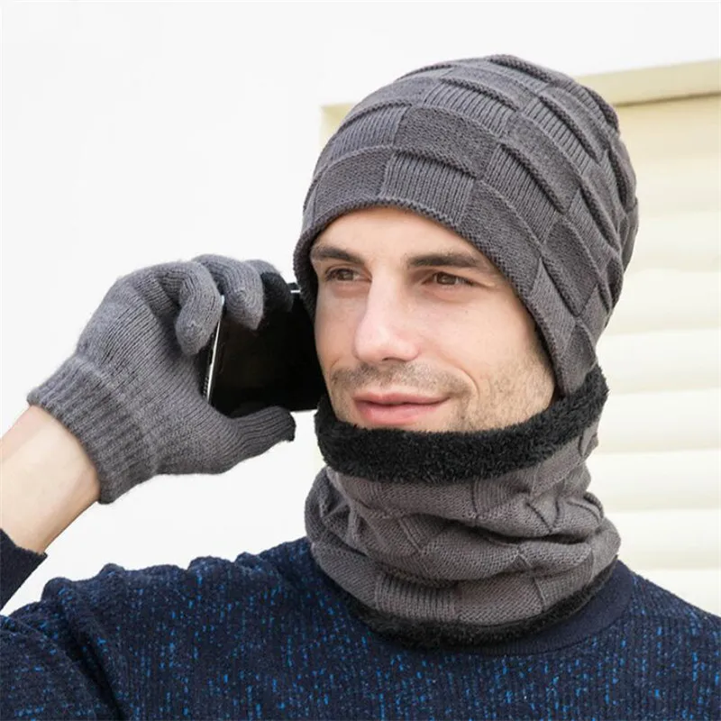 Зимняя шапка шарф перчатки мужской набор из 3 предметов 2019 Мужская Уличная теплая