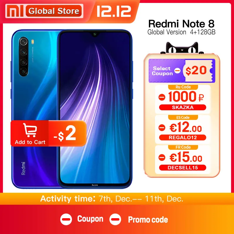 Глобальная версия смартфона Xiaomi Redmi Note 8 4 Гб 128 ГБ Восьмиядерный Snapdragon 665 6 3 дюйма 48