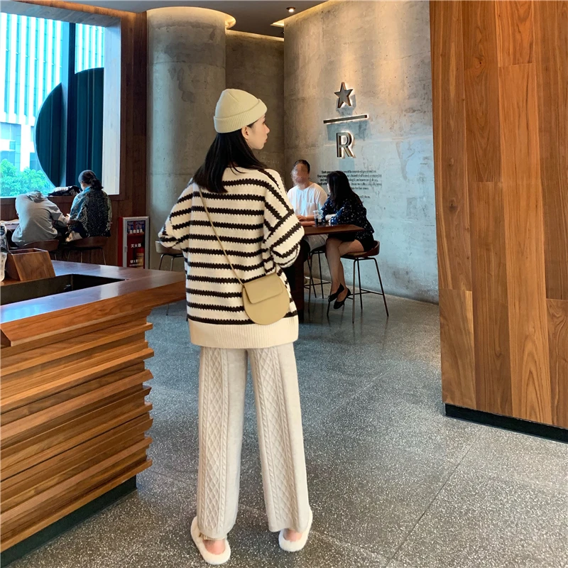 

Loose High Waist Plus Thick Ankle Length Casual Pants Bottom Retro Knitted Wide Leg Pants Women Autumn Winter New