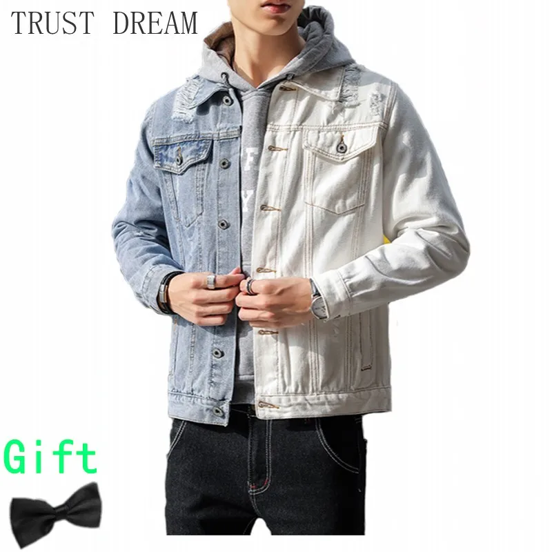 Мужские рваные джинсовые куртки синие и белые лоскутные мужские крутые пальто в