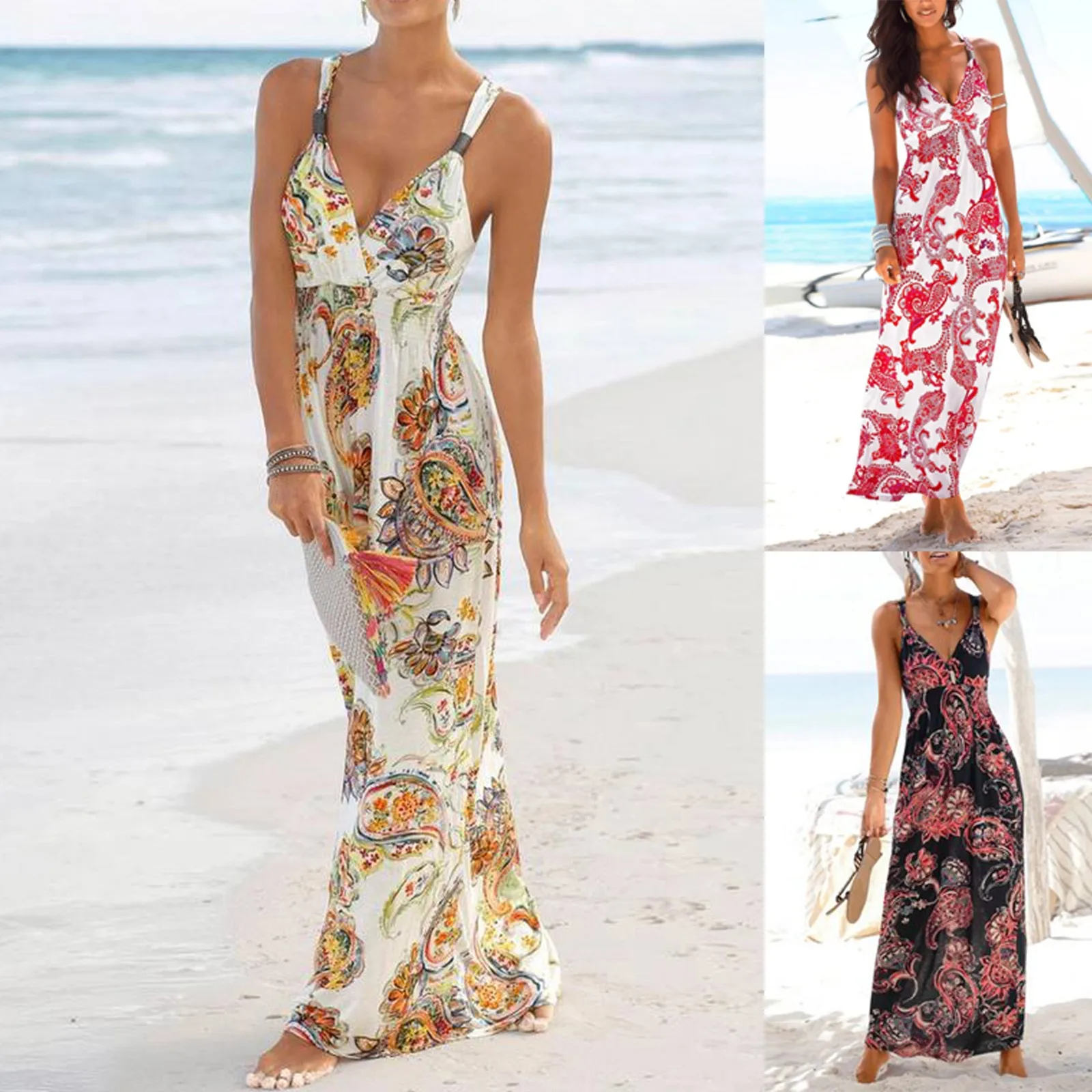 

2021 New Summer Sandy Beach Dress Women Casual Cashew Flower Print Sleeveless Dress Long Dresses Bohemia Sexy Elegante Vestido