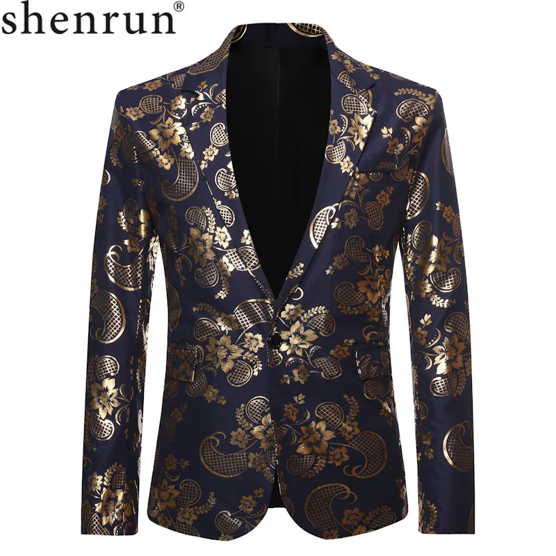 Shenrun мужские черные темно синие блейзеры с золотым цветочным принтом