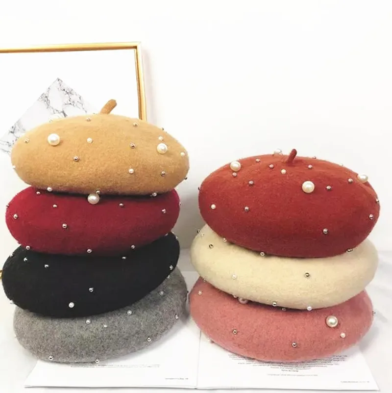 

Winter women punk wool beret caps New lady crystal pearl Artist hats Thick warm hip hop Pumpkin Gorros