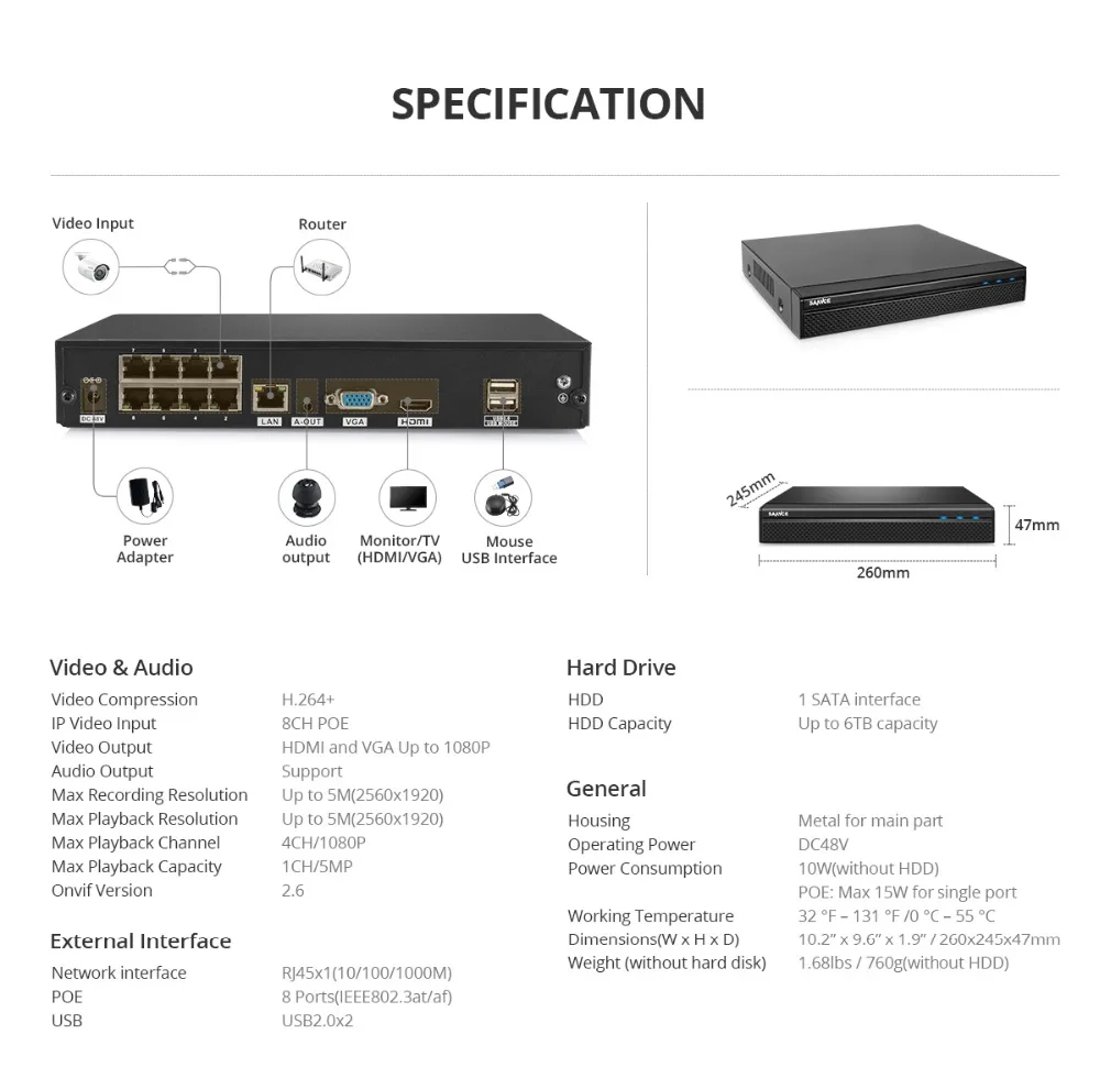 SANNCE N48PBE 5MP Системы 8ch PoE Система NVR видеонаблюдения 4/6/8 шт. Пуля Открытый 1080P IP камера видеонаблюдения Комплект Встроенный 2 ТБ HDD