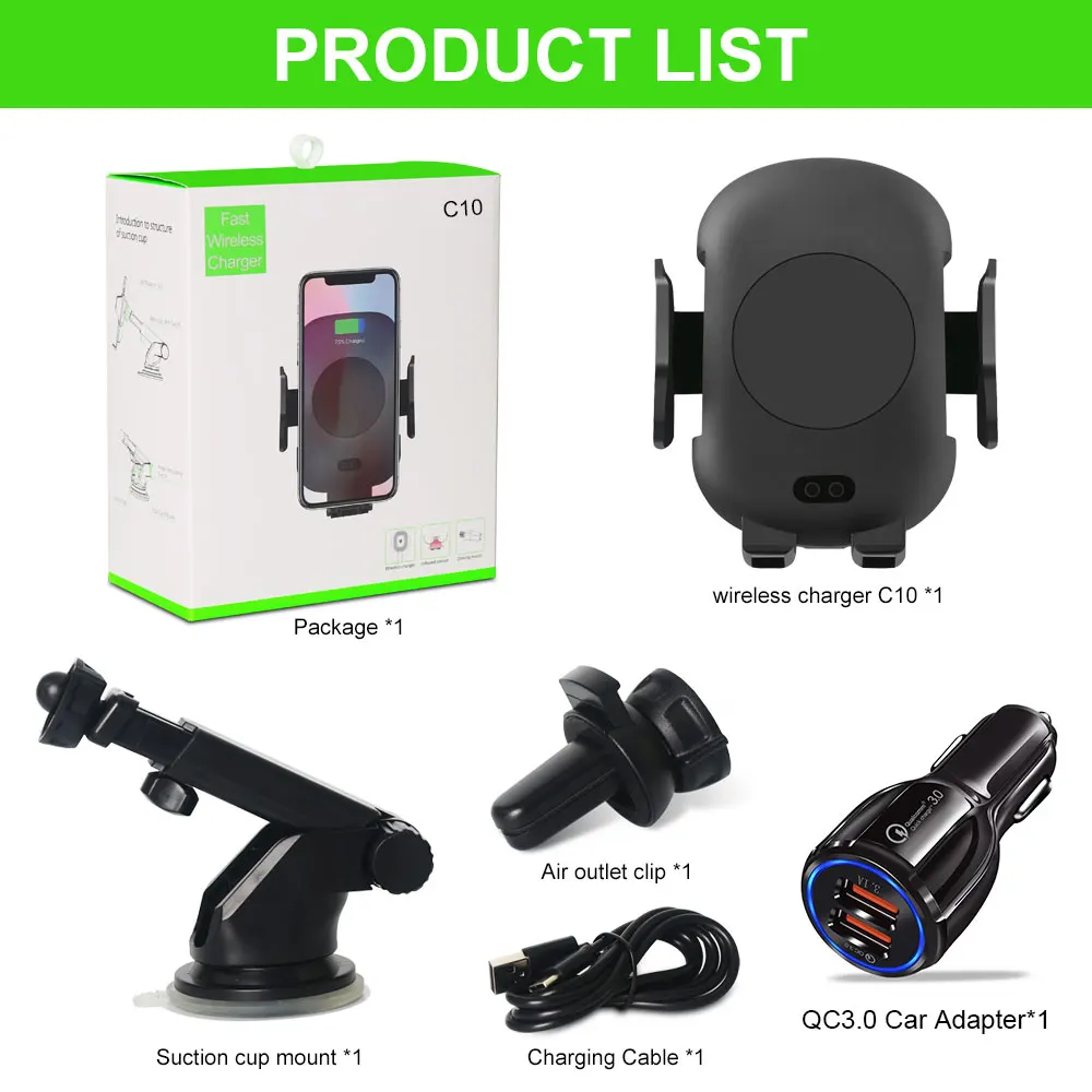 Add QC3.0 Adapter QI автомобильное беспроводное зарядное устройство инфракрасное крепление датчика подставка Быстрая зарядка для iPhone XS Max XR X samsung Galaxy Note 10 9 S10 Plus S9 S8 - Тип штекера: Add QC3.0 Adapter