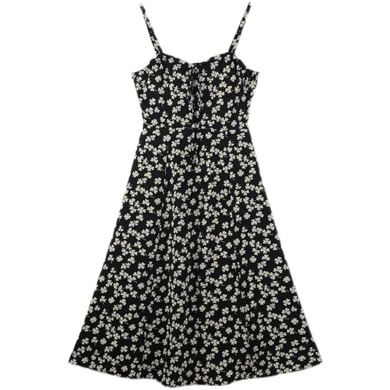 

Summer Female Korean Style Retro Casual Dress Floral Pattern Split Mid-Length Sling Vestido Holiday Dress Femme vestido de mujer