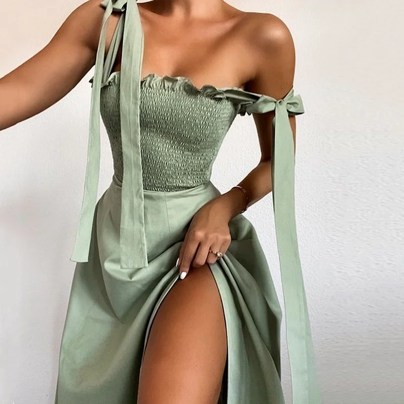 

Women Summer Dress Casual Green Strapless Sleevess Midi Dress Female Party Club Elegant Bow Bandage Off Shoulder Solid Dresses