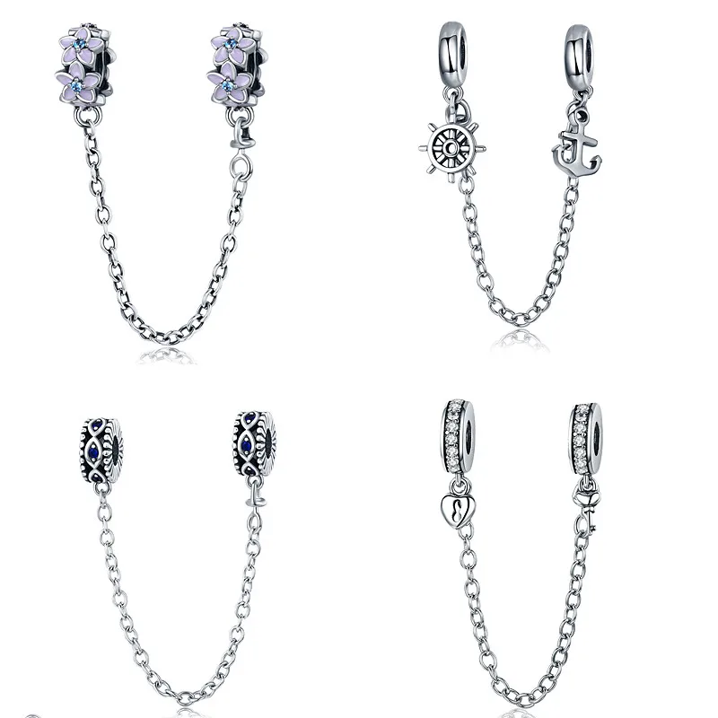 Hot Collect 925 Sterling Silver Purple Enamel Daisy Flower Blue Beads Safety Chain Stopper Charm fit Bracelet DIY Jewelry | Украшения и