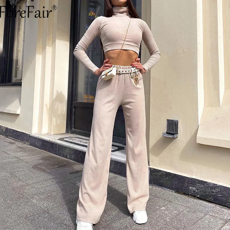 

Forefair Turtleneck Long Sleeve Black 2020 Casual Ribbed Women Set Tops Autumn Two Piece Set High Waist Wide Pants Loose Outfit