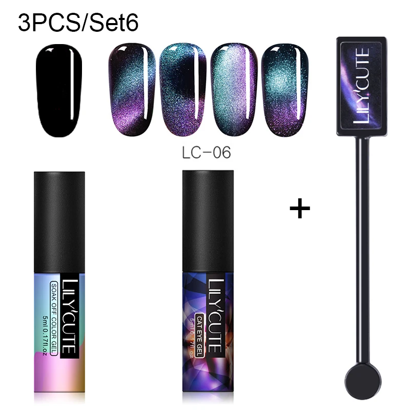 3 PCS 6 LILYCUTE, 5 мл, 9D, Auroras, магнитный гель кошачий глаз, набор, долговечный Блестящий лазер для ногтей, художественный Гель-лак для ногтей, впитывающий УФ-Гель-лак - Цвет: 3 PCS 6