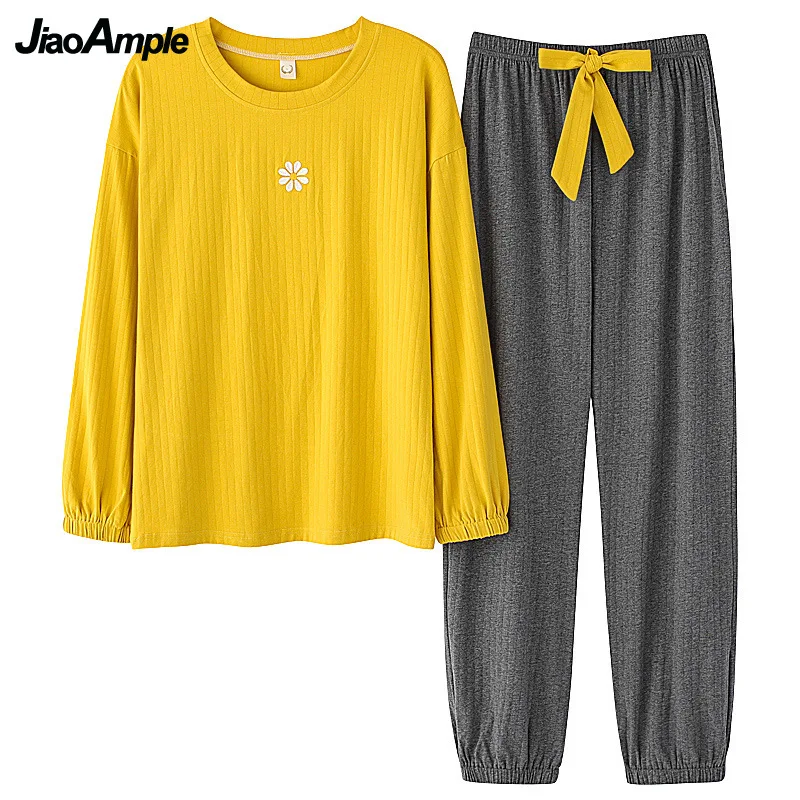 Pajamas Women Spring/Fall Cotton O-Neck Flower Long-Sleeved Trousers Pijamas Two Piece Suit 2022 New Cute Sexy Sleepwear