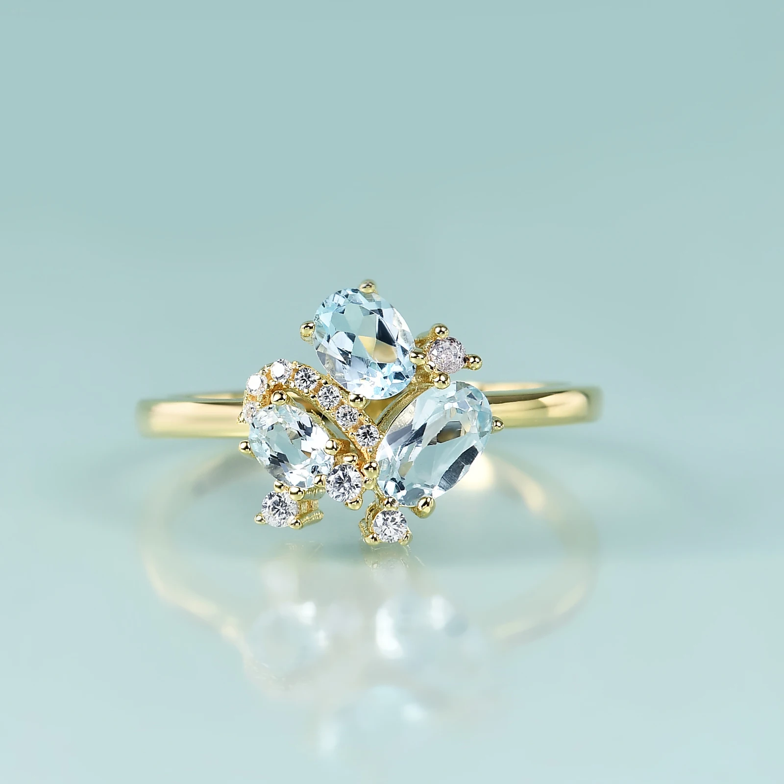 

GEM'S BEAUTY 925 Sterling Silver 14K Gold Filling Rings Natural Oval Cut Unique Three-Stone Trellis Sky Blue Topaz Handmade Ring