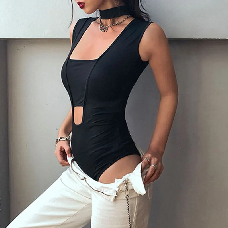 Black Halter Neck Bodysuit Women Sexy cut out Bodycon Jumpsuit Solid Elastic Casual Party summer Bodysuits Tops Slim Rompers