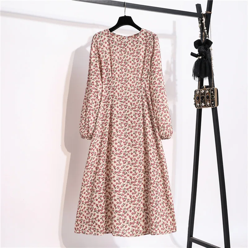 

2021 New Elegant Autumn Print Dress Women Office Lady O Neck High Wasit Long Sleeve Dress Female Slim Casual