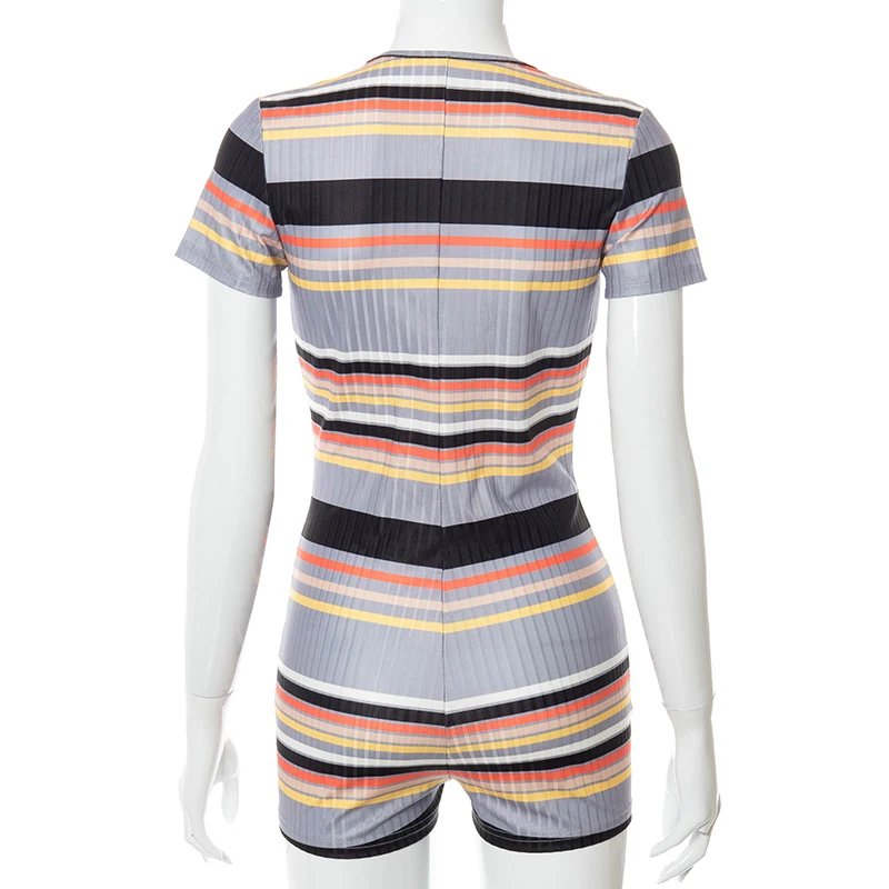 

LVINMW Playsuits Striped Low Cut Slim Sports Women Romper Fitness Jogger Stylish Short Sleeve Rompers V Neck Casual Skinny