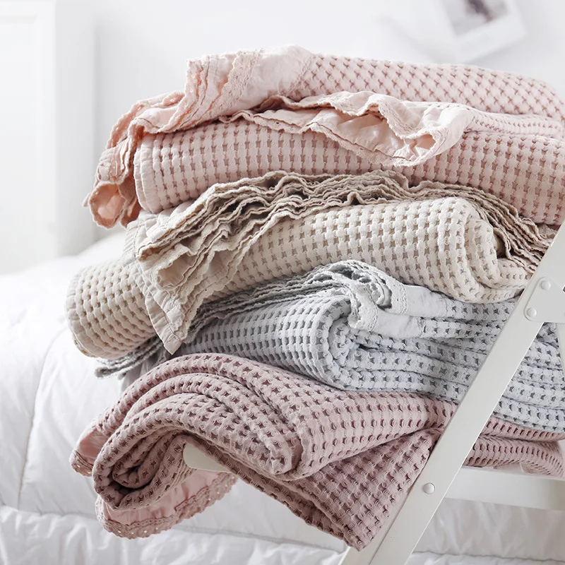 

Japan Waffle Plaid Blankets for Bed Pink Sofa Throws Cotton Yarn Towel Blanket for Bed Summer Air Conditioning Quilt Bedspread