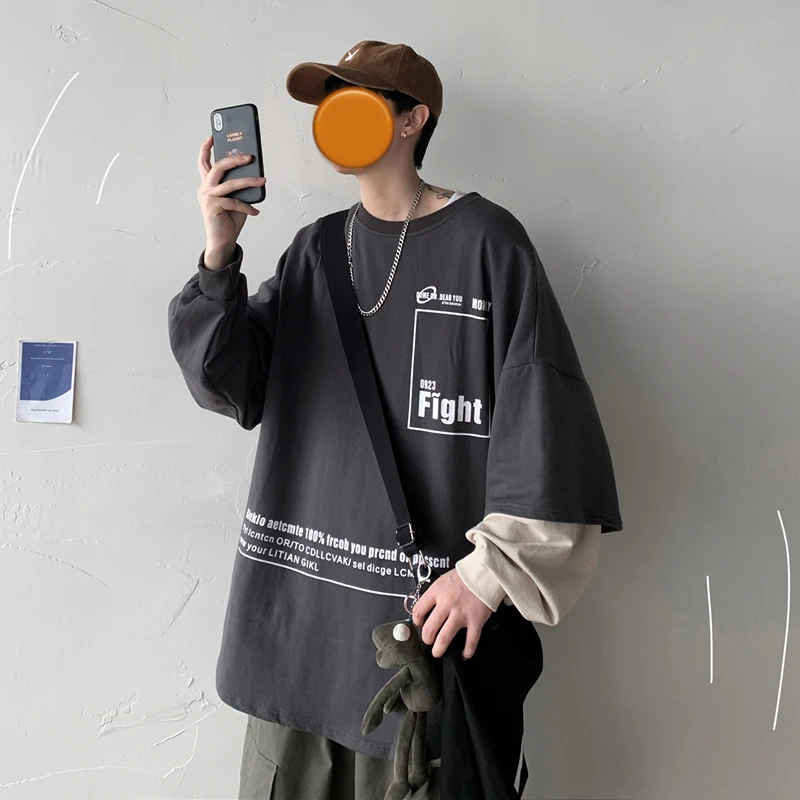 

Fake Two-Piece Oversized T-Shirt Men's Large Size Loose Student Fashion Round Neck Trendy Print Spring Autumn Long-Sleeved MA109