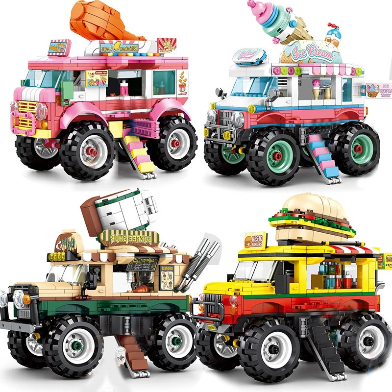 

Городской мороженое Кофе гамбургер курица ножки грузовик креативная модель Stree View классические строительные блоки кирпичи MOC игрушки для д...