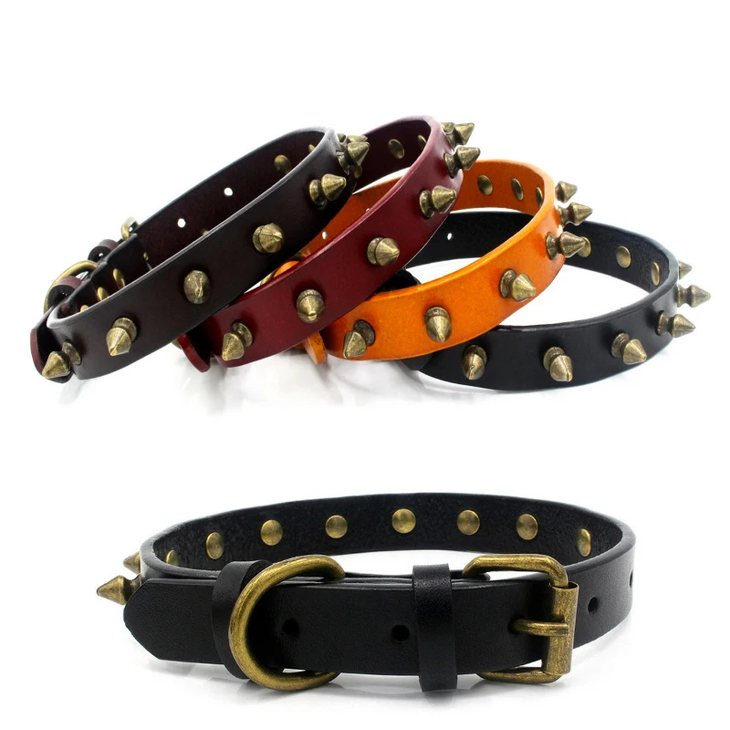 

Leather Dog Collar Small Medium Large Dogs Adjustable Necklace With Bronze Rivet Collars For Pitbull Dobermann Pug Accessories