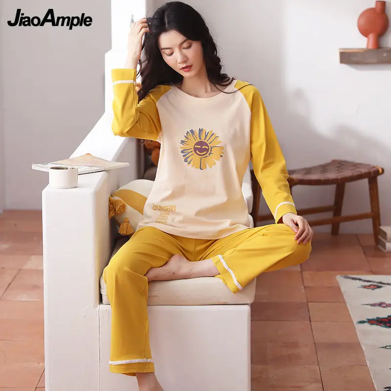 100% Cotton Pajamas Women Spring Autumn Long-Sleeved Trousers Pijamas Two-Piece 2022 New Cute Sexy Sleepwear Homewear Suit