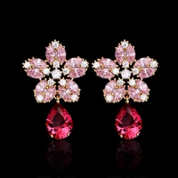 pink cubic zirconia sweet statement flower stud earrings for girls 2022 new fashion wedding petal eardrop luxury jewelry