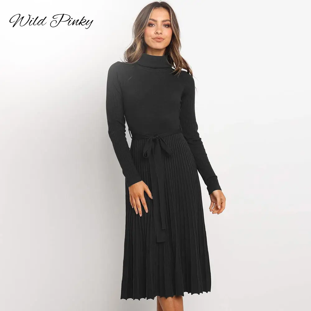 Женское платье с длинным рукавом и поясом WildPinky Черное Трикотажное вечернее