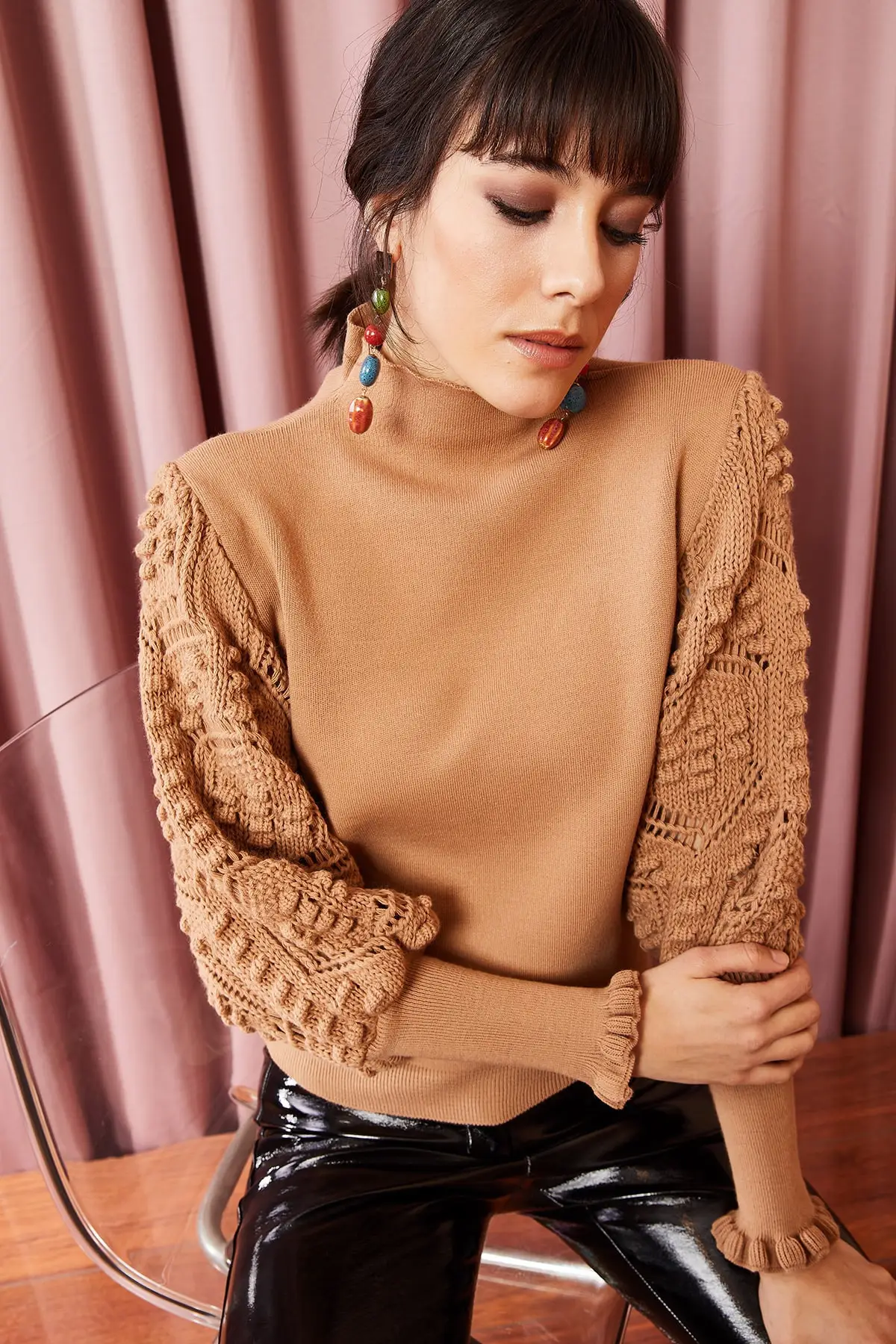 Women's Milk Coffee Sleeve Soft Textured Knitted Sweater taylor Women Sweater 2021