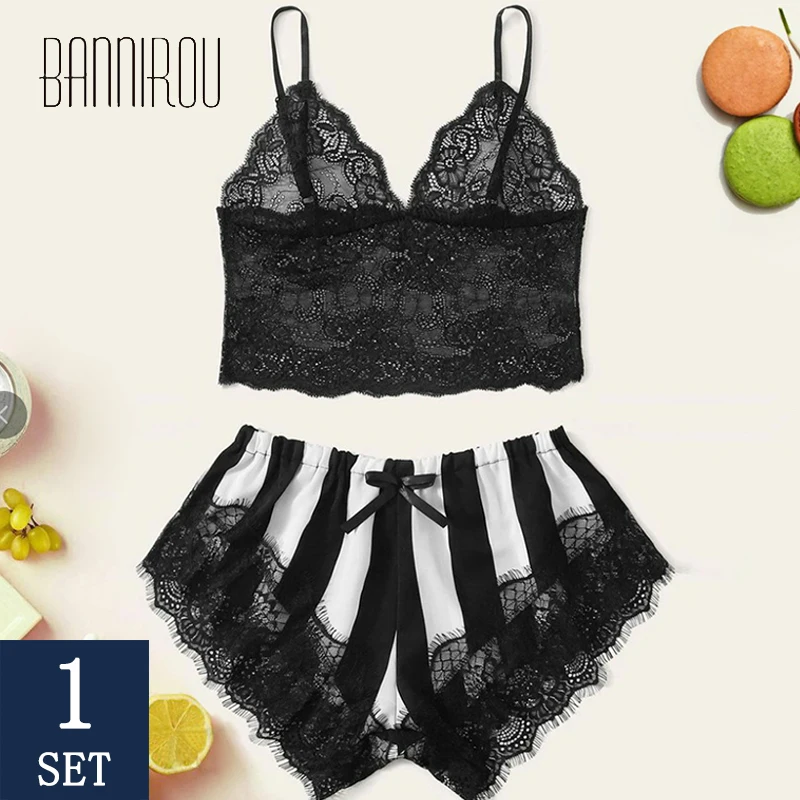

BANNIROU Women's Pajama Summer Home Clothes Pyjamas Sexy Pajamas For Women Silk Striped Sleepwear For Woman Free Shipping 2021