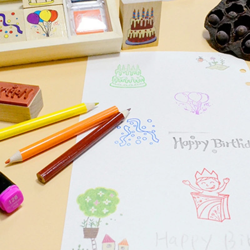 

203F счастливого дня рождения деревянный набор штампов 8 штампов 6 цветных карандашей 3-цветная подкладка для штампов Скрапбукинг Канцелярски...