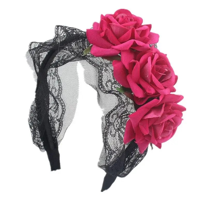 

Women Girls Gothic Simulation Rose Flower Headband Crochet Black Lace Wrapped Wide Hair Hoop Halloween Cosplay Party Headpiece
