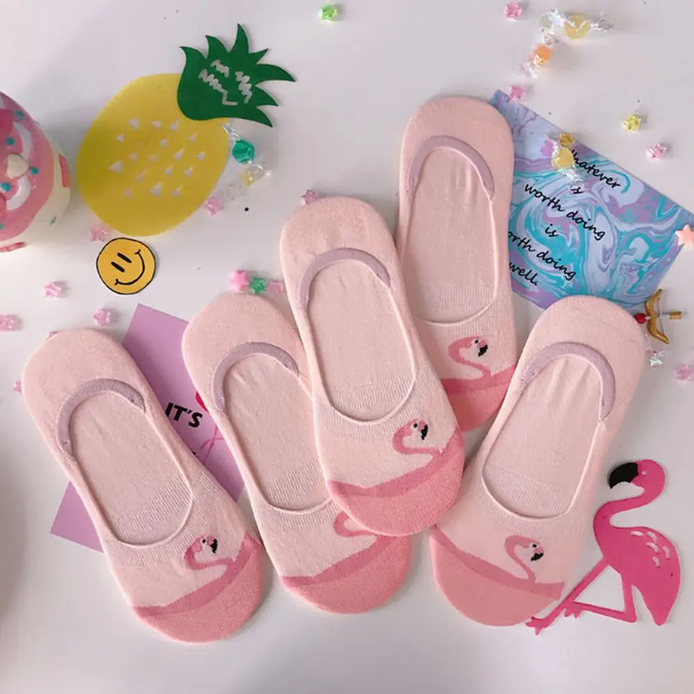 Осенние акриловые носки лодочки с рисунком фламинго Симпатичные кавайные