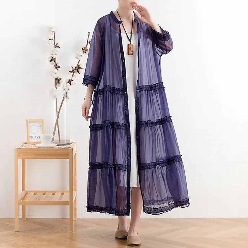 

women stylish Solid 2020 transparent midi Long shirt dress Quarter sleeve female chic Korea mesh button dresses Loose vestidos