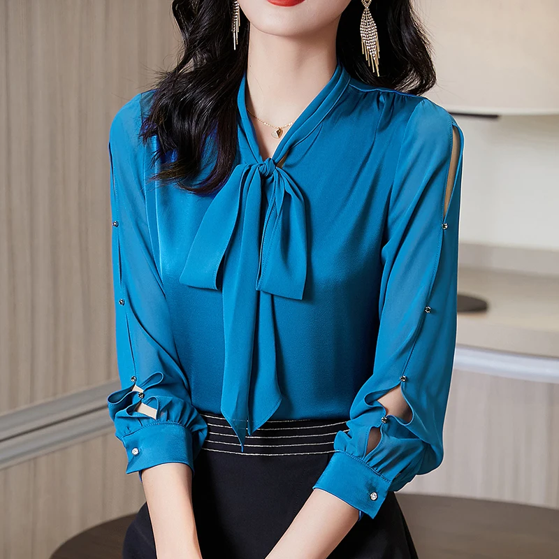 

Spring Autumn Women Tops Blouses Elegant Fashion Bow Stand Collar Long Sleeve Solid Blouse Sexy Patchwork Office Lady Work Shirt
