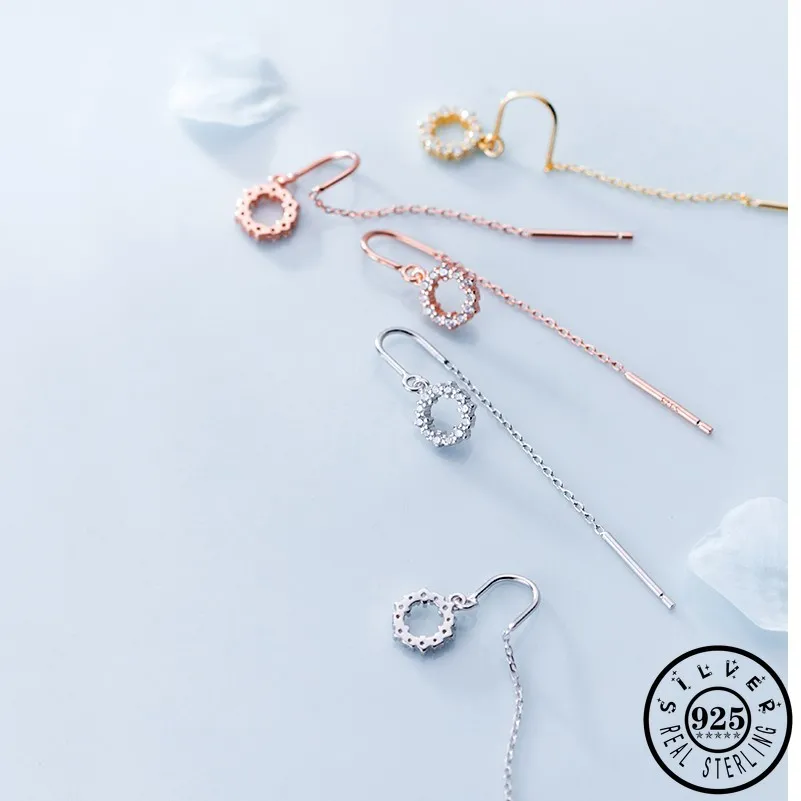 925 Sterling Silver Cubic Zircon Round Shape Statement Long Chain Rose Gold Color Plated Dangle Drop Earrings for Women | Украшения и