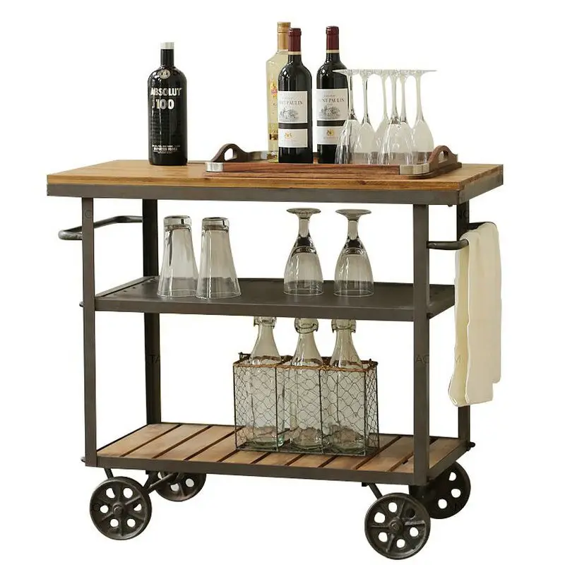 

American-Style Storage Rack Solid Wood Sideboard Mobile Retro Iron Art Dining Car Bar Trolley Drinks Trolley Industrial Style