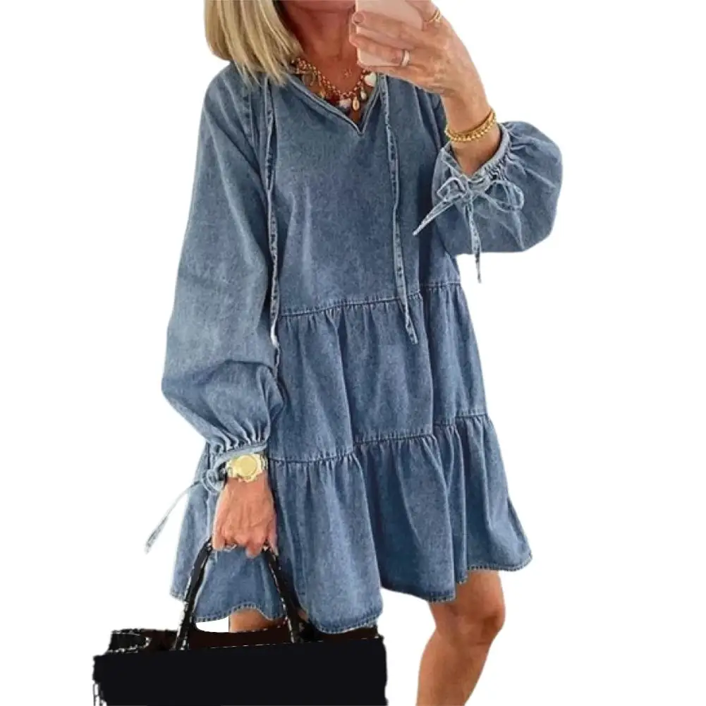 

Women Dress Casual Solid Color V Neck Long Sleeve Lace Up Large Hem A Line Mini Dress 2020